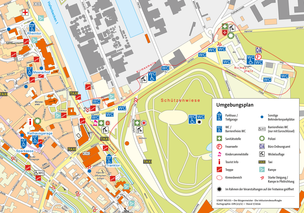 Lageplan der Kirmes und Schützenwiese zum Schützenfest 2024 Umgebungsplan der Innenstadt mit Kirmesbereich und Schützenwiese