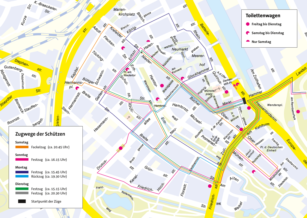 Umgebungsplan mit Zugwegen zum Schützenfest 2024 Umgebungsplan mit den Zugwegen der Schützen sowie Toilettenwagen